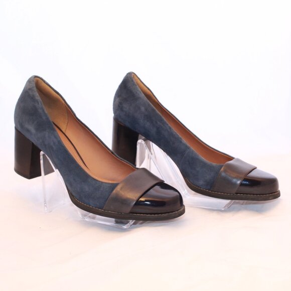 Clarks Artisan SZ 10M Navy Blue Leather/Suede TARRAH BRAE Captoe Block Heel Pump - Picture 1 of 13
